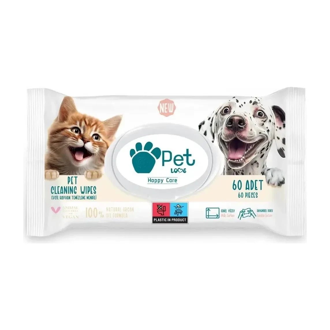 Pet Love Kediler ve Köpekler İçin %100 Doğal Argan Yağlı Evcil Hayvan Temizleme Mendili 60 Lı