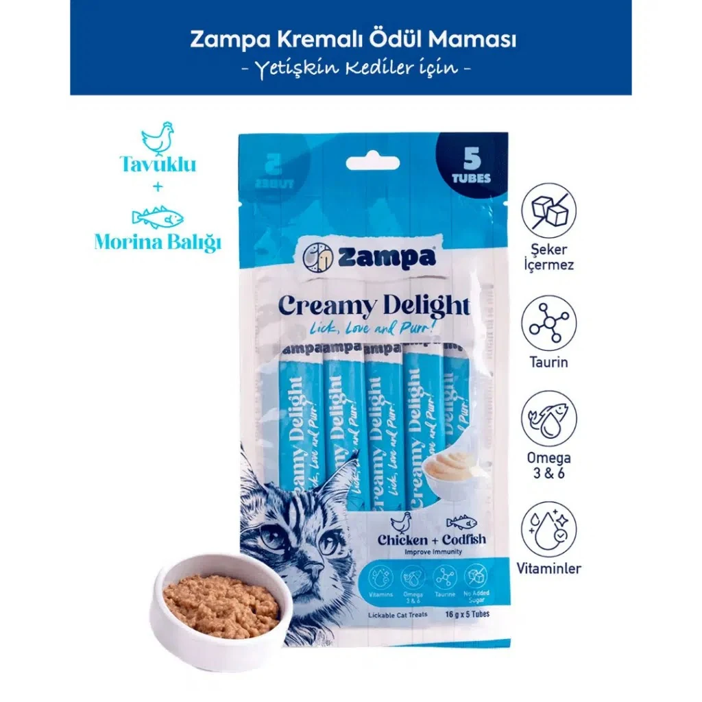 Zampa Creamy Delight Tavuklu ve Morina Balıklı Krema Kedi Ödülü 5x16 Gr