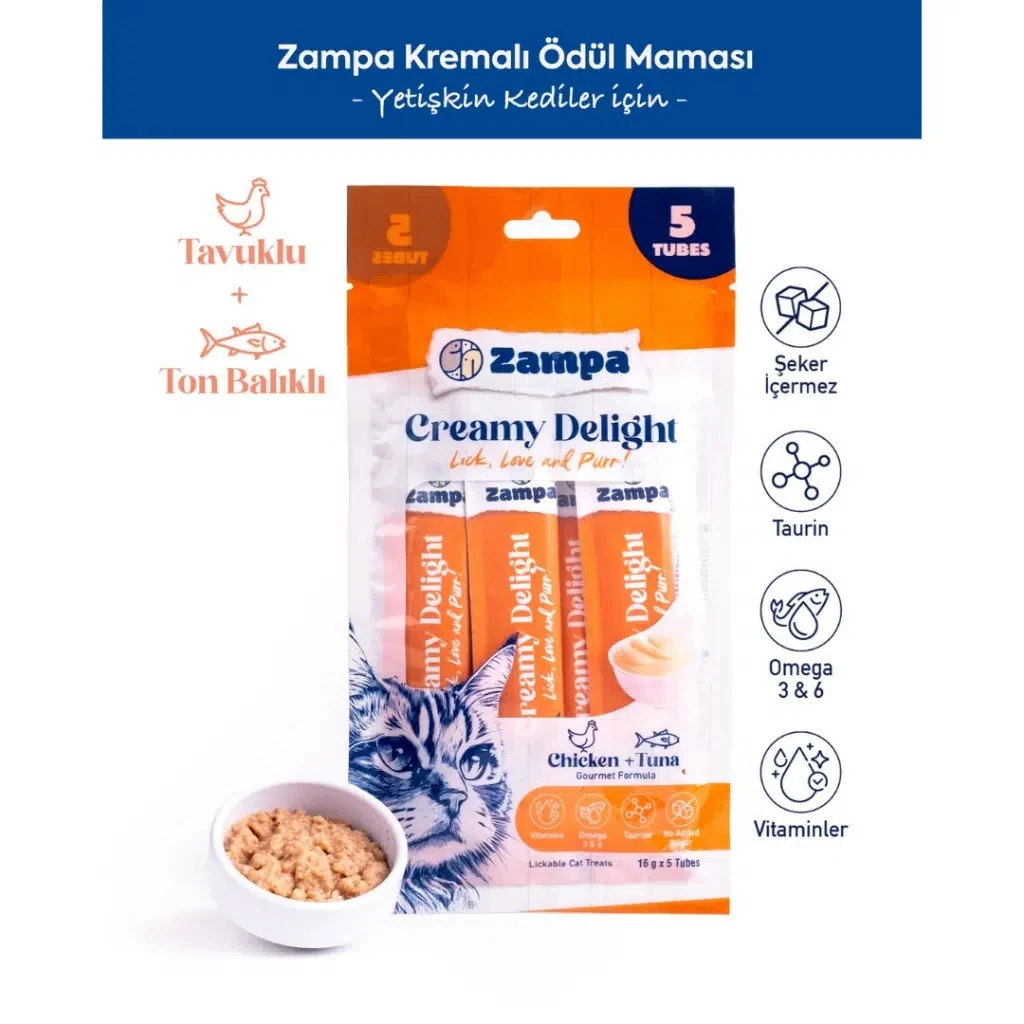 Zampa Creamy Delight Tavuklu ve Ton Balıklı Krema Kedi Ödülü 5x16 Gr