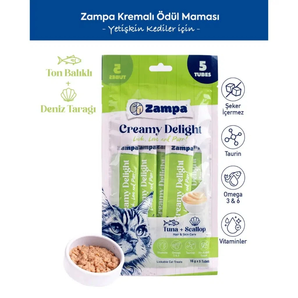 Zampa Creamy Delight Ton Balıklı ve Deniz Taraklı Krema Kedi Ödülü 5x16 Gr