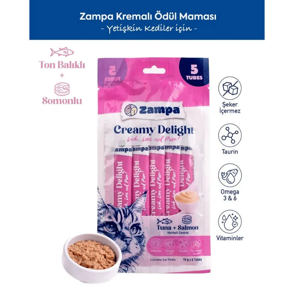 Zampa Creamy Delight Ton Balıklı ve Somonlu Krema Kedi Ödülü 5x16 Gr
