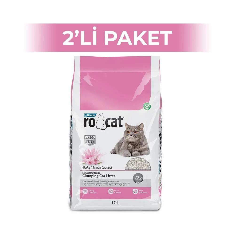 RoCat Bebek Pudrası Kokulu Bentonit Kedi Kumu 10 lt 2 Adet