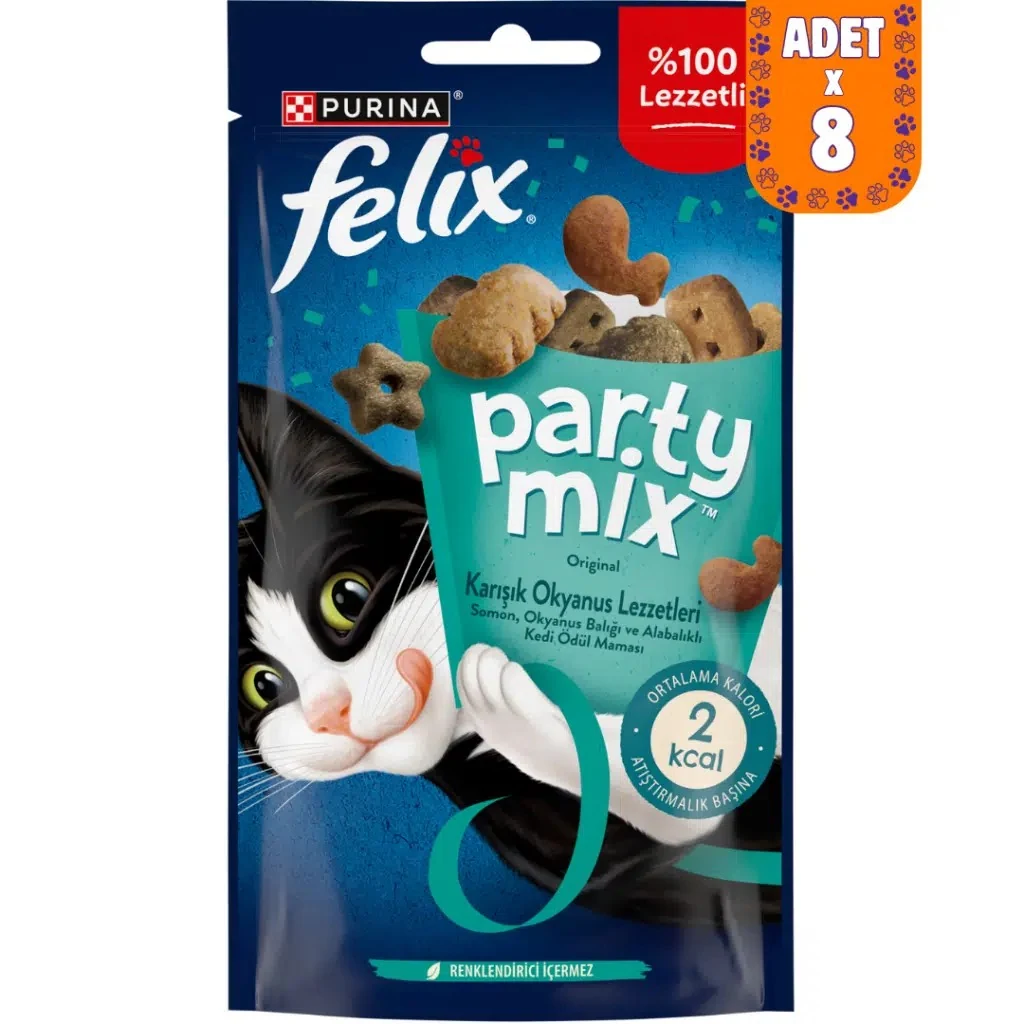 Felix Party Mix Karışık Okyanus Lezzetleri Somon Okyanus Balığı ve Alabalıklı Kedi Ödülü 60 Gr 8 Adet