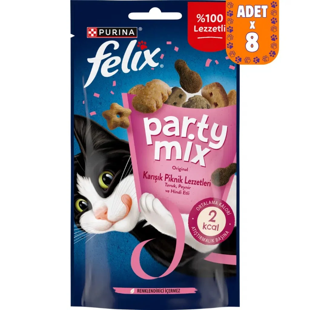 Felix Party Mix Karışık Piknik Lezzetleri Tavuk Peynir ve Hindi Etli Kedi Ödülü 60 Gr 8 Adet