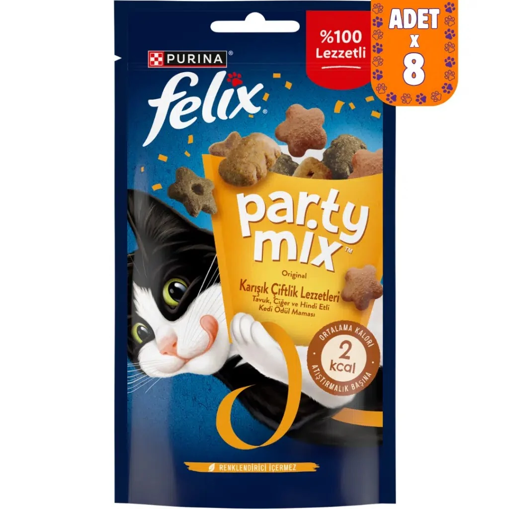 Felix Party Mix Karışık Çiftlik Lezzetleri Tavuk Ciğer ve Hindi Etli Kedi Ödülü 60 Gr 8 Adet