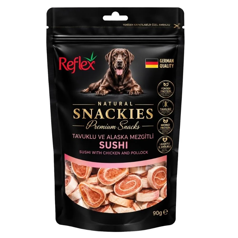 Reflex Snackies Natural Tavuklu ve Alaska Mezgitli Sushi Tahılsız Köpek Ödül Maması 90 gr