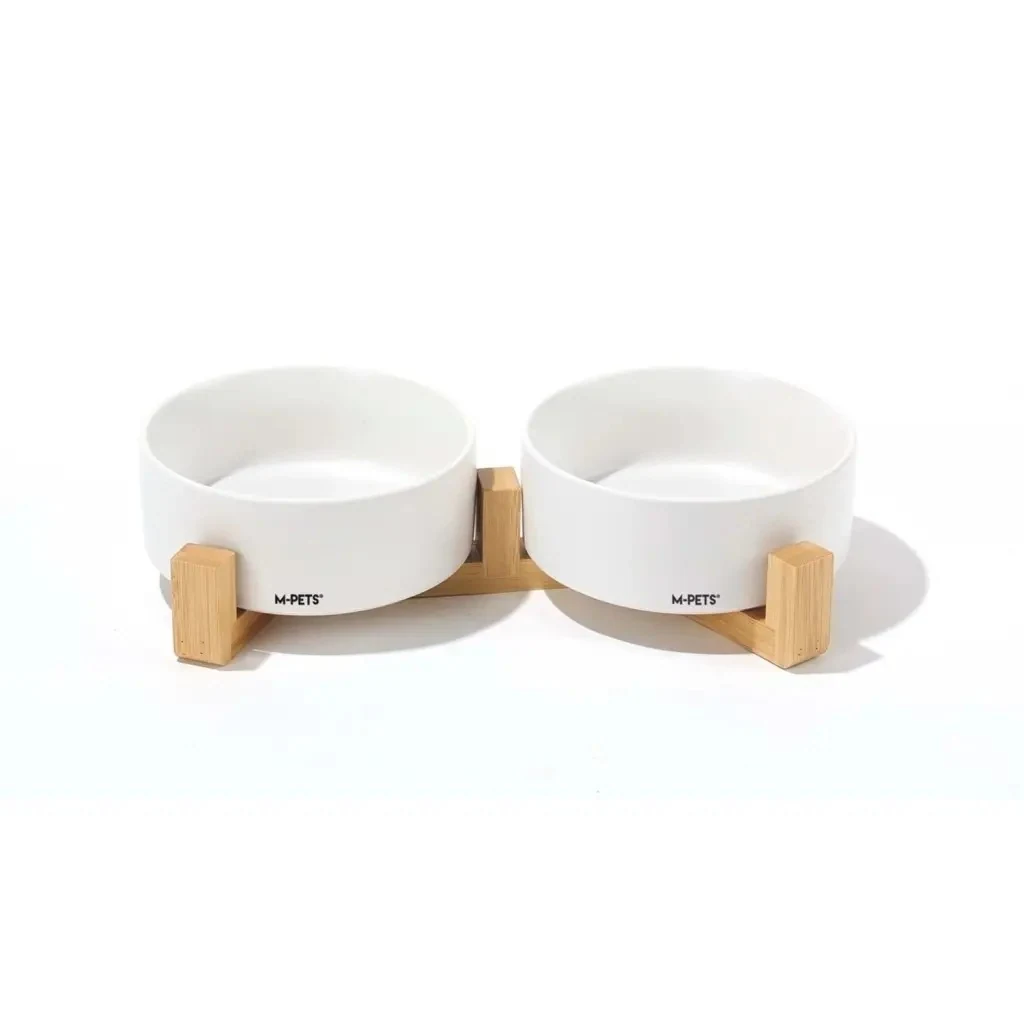 M-Pets Opera Bambu Standlı Seramik Kedi Mama ve Su Kabı 2x350ml (Beyaz)