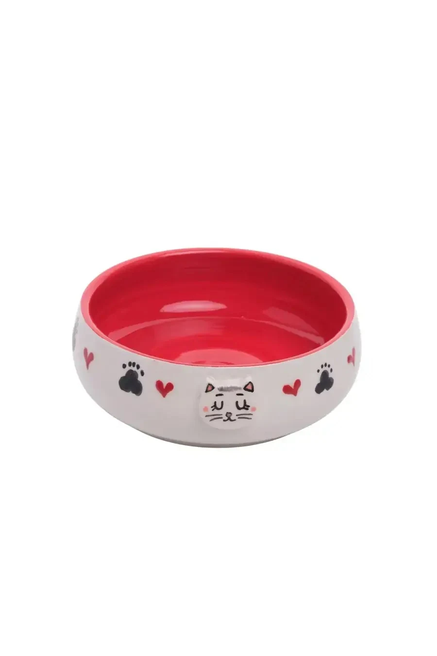 Pawstar Kırmızı Kedi Desenli Tekli Seramik Mama ve Su Kabı