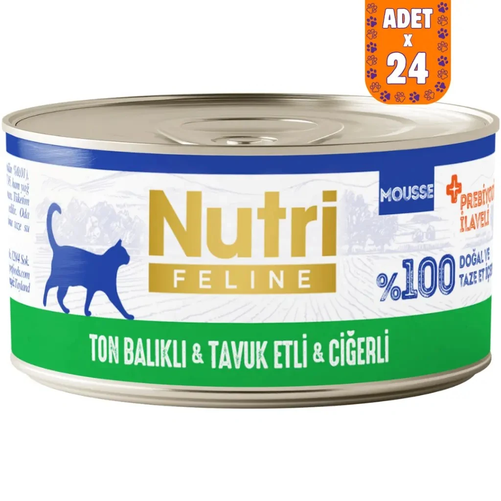 Nutri Feline Ton Balıklı Tavuk Etli ve Ciğerli Tahılsız Yetişkin Kedi Konservesi Mousse 24x70 Gr