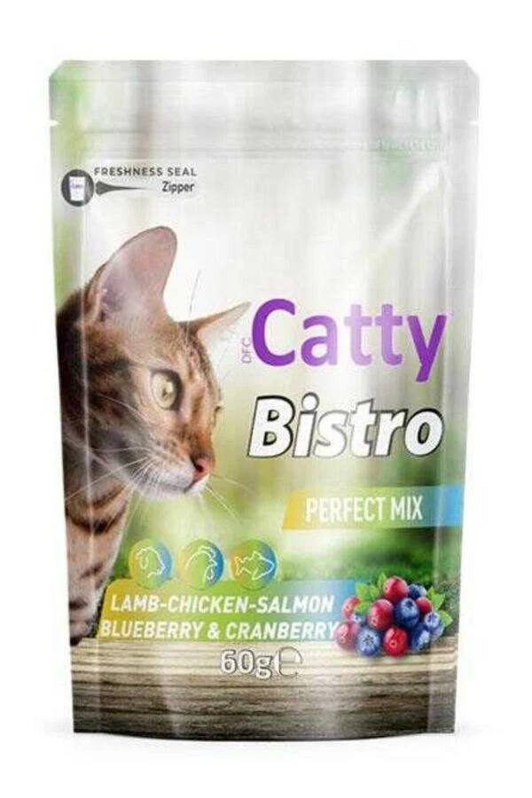 Catty Bistro Mükemmel Karışım Kuzulu Tavuklu Somonlu Yaban Mersinli ve Kızılcıklı Kedi Ödül Maması 60gr