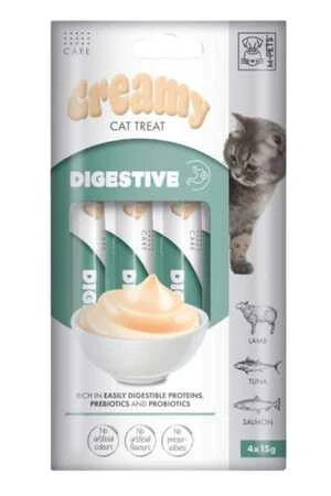 M-Pets Digestive Sindirim Sistemi Destekleyici Somon Ton Balığı ve Kuzu Etli Krema Kedi Ödülü 4x15gr