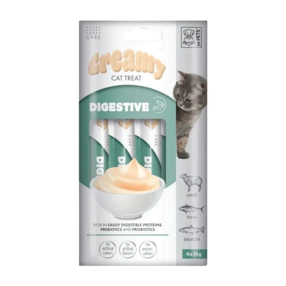 M-Pets Digestive Sindirim Sistemi Destekleyici Somon Ton Balığı ve Kuzu Etli Krema Kedi Ödülü 4x15gr