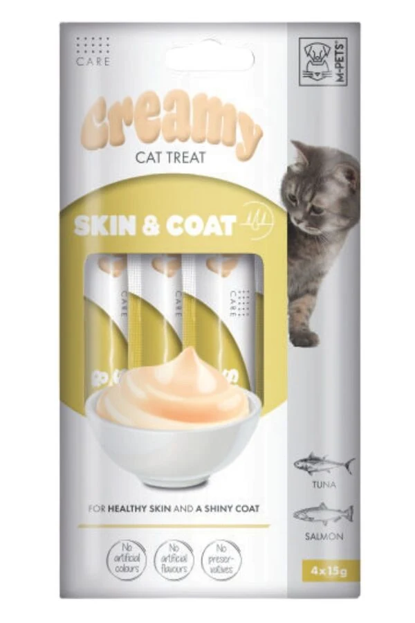M-Pets Skin & Coat Cilt ve Tüy Sağlığı Destekleyici Somon ve Ton Balıklı Krema Kedi Ödülü 4x15gr
