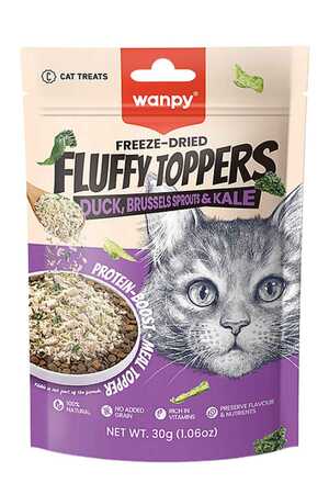 Wanpy Dondurularak Kurutulmuş Fluffy Toppers Ördek Brüksel ve Kara Lahanalı Kedi Ödül Maması 30gr