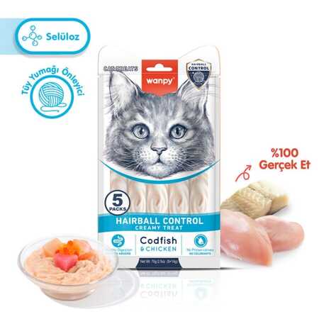 Wanpy Hairball Control Tüy Yumağı Önleyici Morina Balığı ve Tavuklu Krema Kedi Ödülü 5x14gr