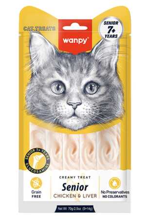 Wanpy Senior 7+ Tavuklu ve Ciğerli Yaşlı Kedi Krema Ödülü 5×14gr