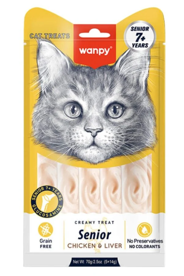 Wanpy Senior 7+ Tavuklu ve Ciğerli Yaşlı Kedi Krema Ödülü 5×14gr